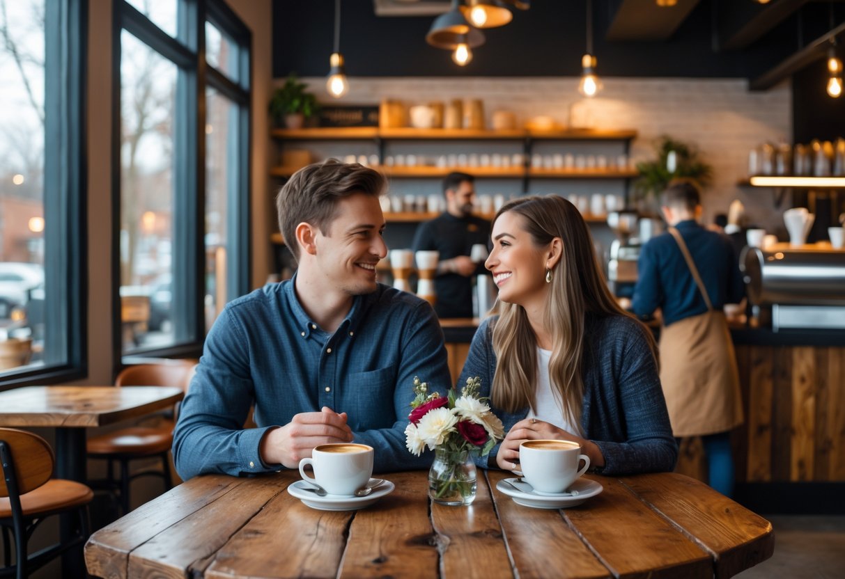 A young couple enjoying coffee together at a cozy coffee shop table with pastries and flowers, with a barista and coffee bar in the background.