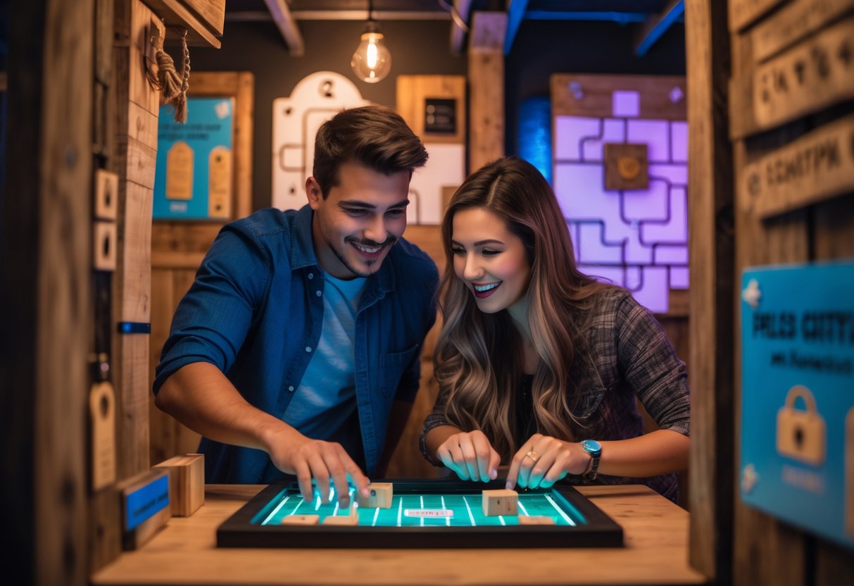 A young couple working together to solve puzzles in an escape room.