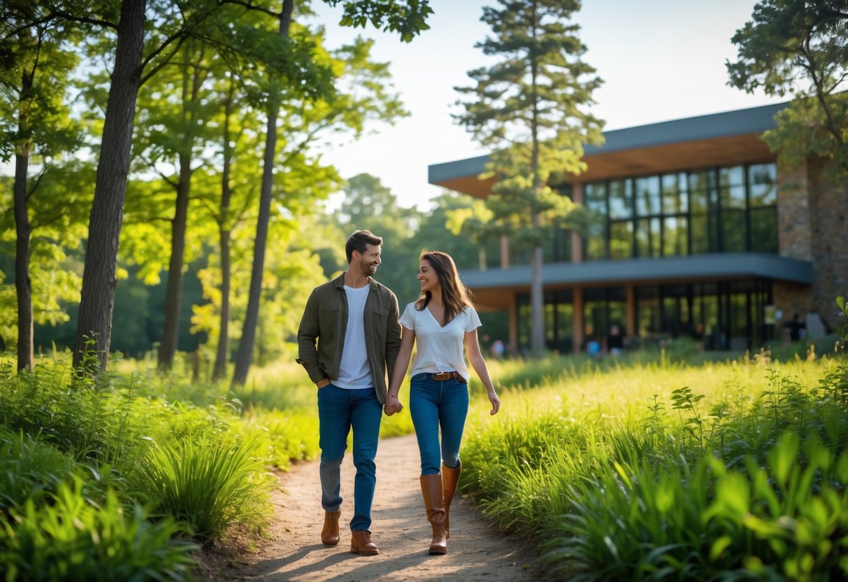 A young couple walking hand in hand on a forest trail near a nature center building surrounded by trees and greenery.