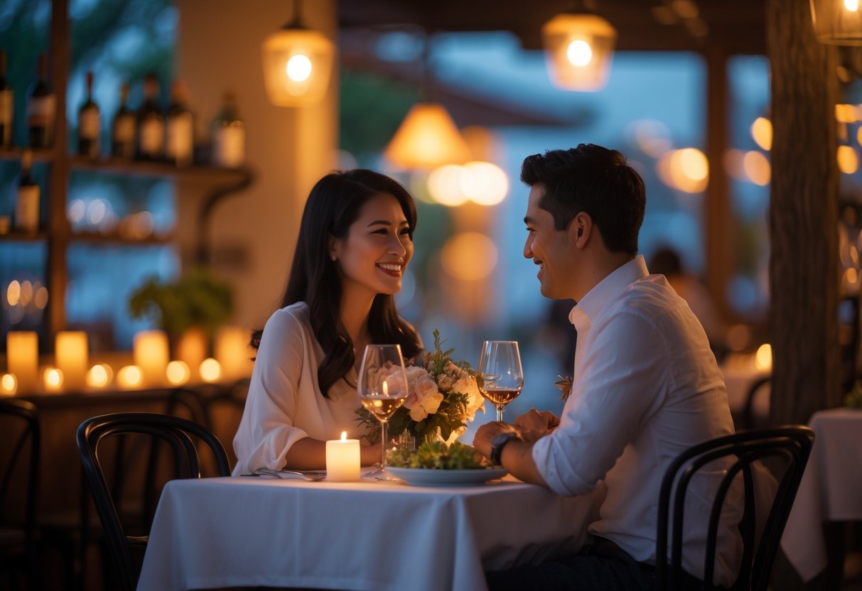 A couple enjoying a romantic dinner at a cozy bistro table with candles and flowers in the evening.