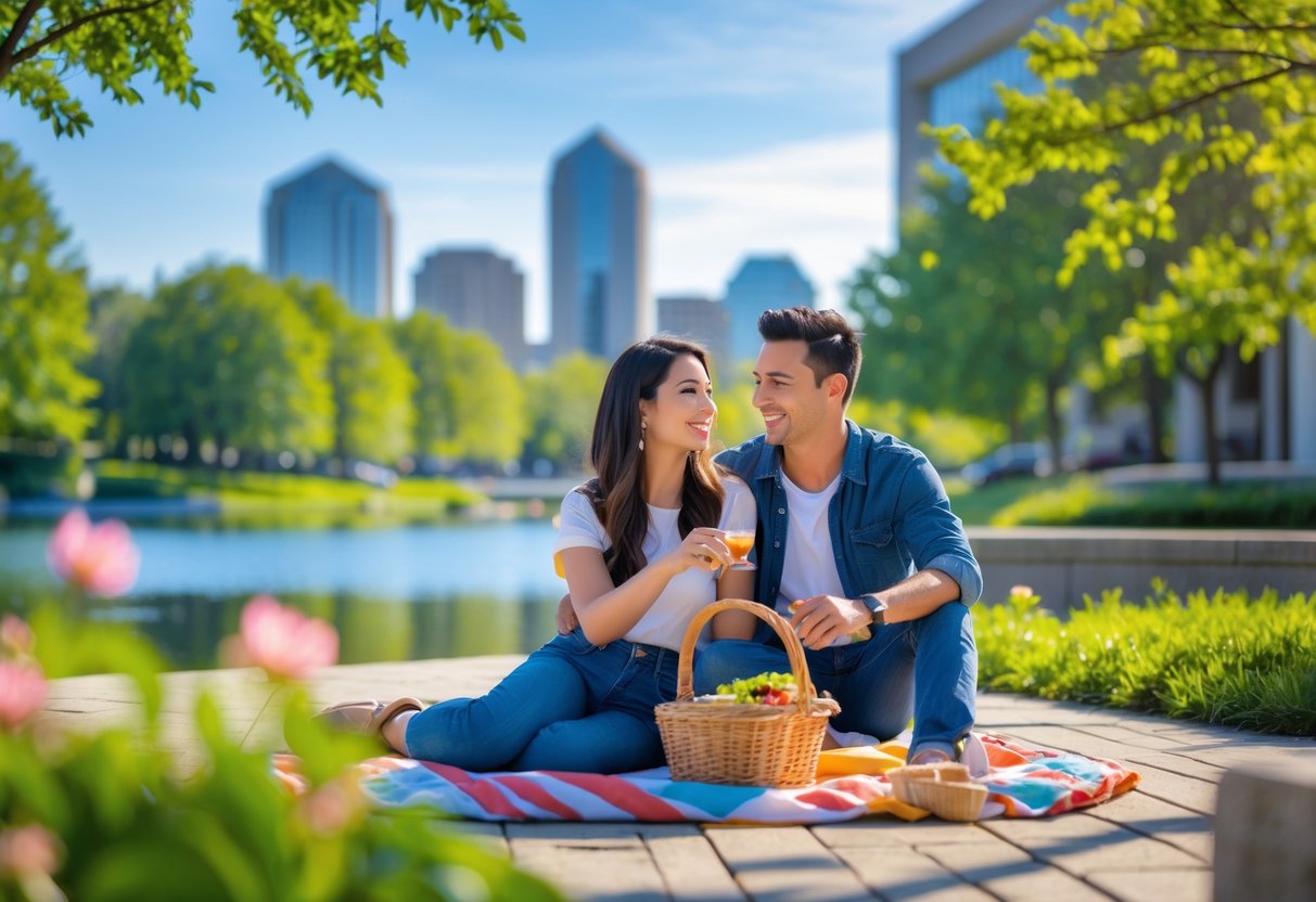 A young couple enjoying a sunny day outdoors near a lake and trees, smiling and walking hand-in-hand on a path.