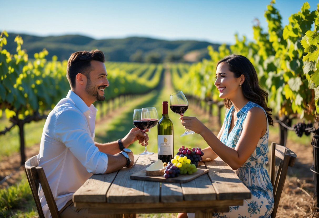 A couple enjoying wine tasting at a vineyard with grapevines and a wooden table outdoors.