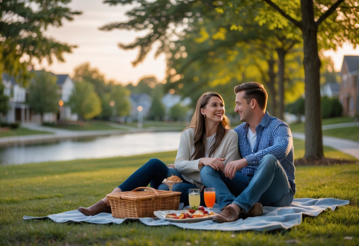 A young couple sitting on a picnic blanket in a green park near a lake, enjoying a relaxed outdoor date.