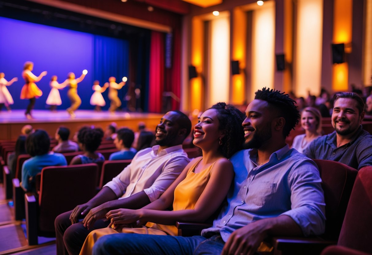 A couple enjoying a live performance inside a theater at the Katy Visual and Performing Arts Center.