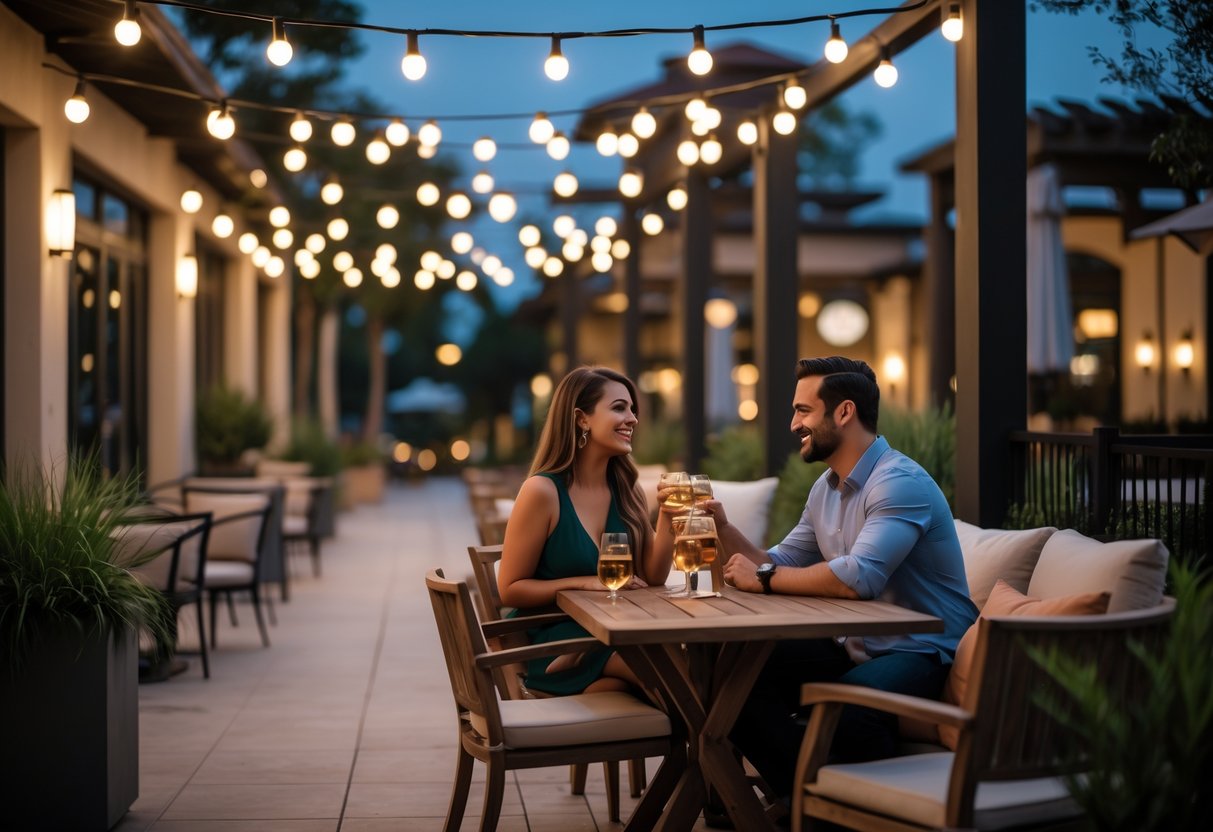 A couple enjoying a relaxed evening date at an outdoor patio with string lights and greenery at La Centerra in Katy, Texas.