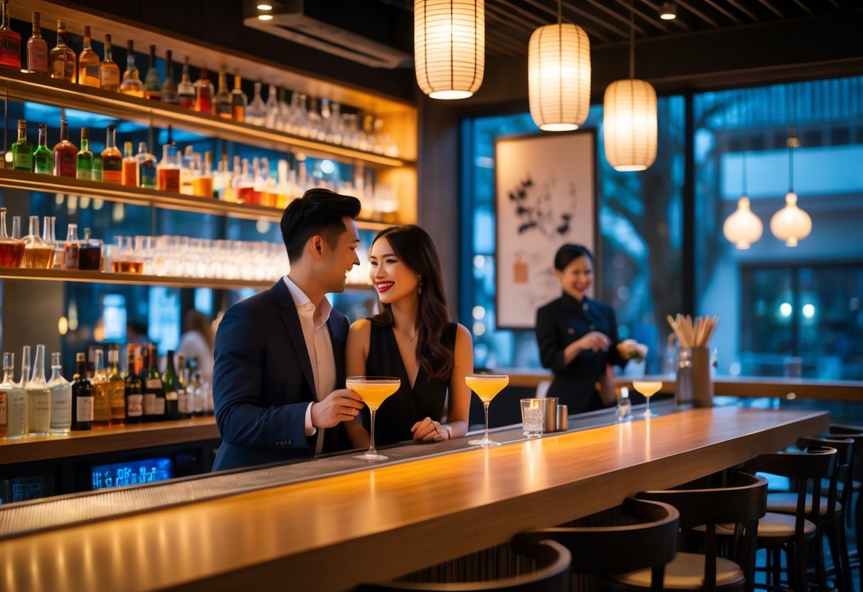 A couple enjoying craft cocktails at a modern bar with warm lighting and Japanese-inspired decor.