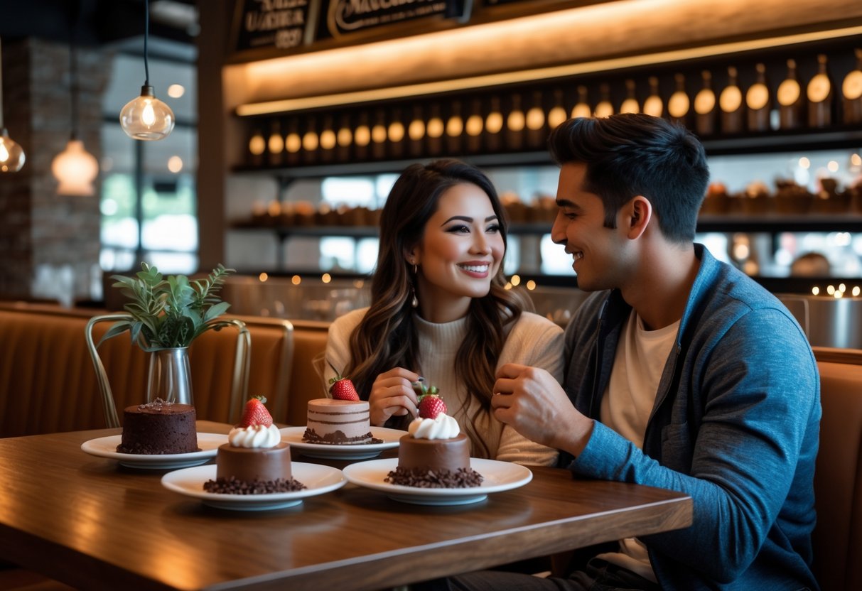 A couple enjoying chocolate desserts together at a cozy dessert bar.