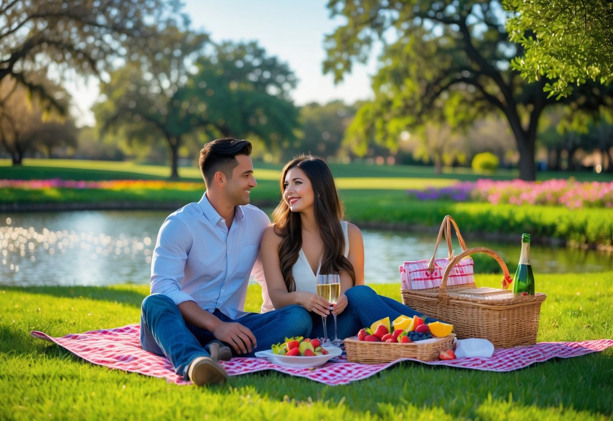A young couple enjoying a picnic on a blanket near a pond in a green park with trees and flowers.