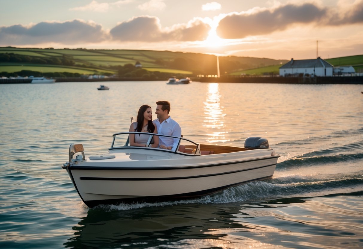 A couple enjoying a boat tour at sunset on calm waters of Cork Harbour with green shoreline and hills in the background.