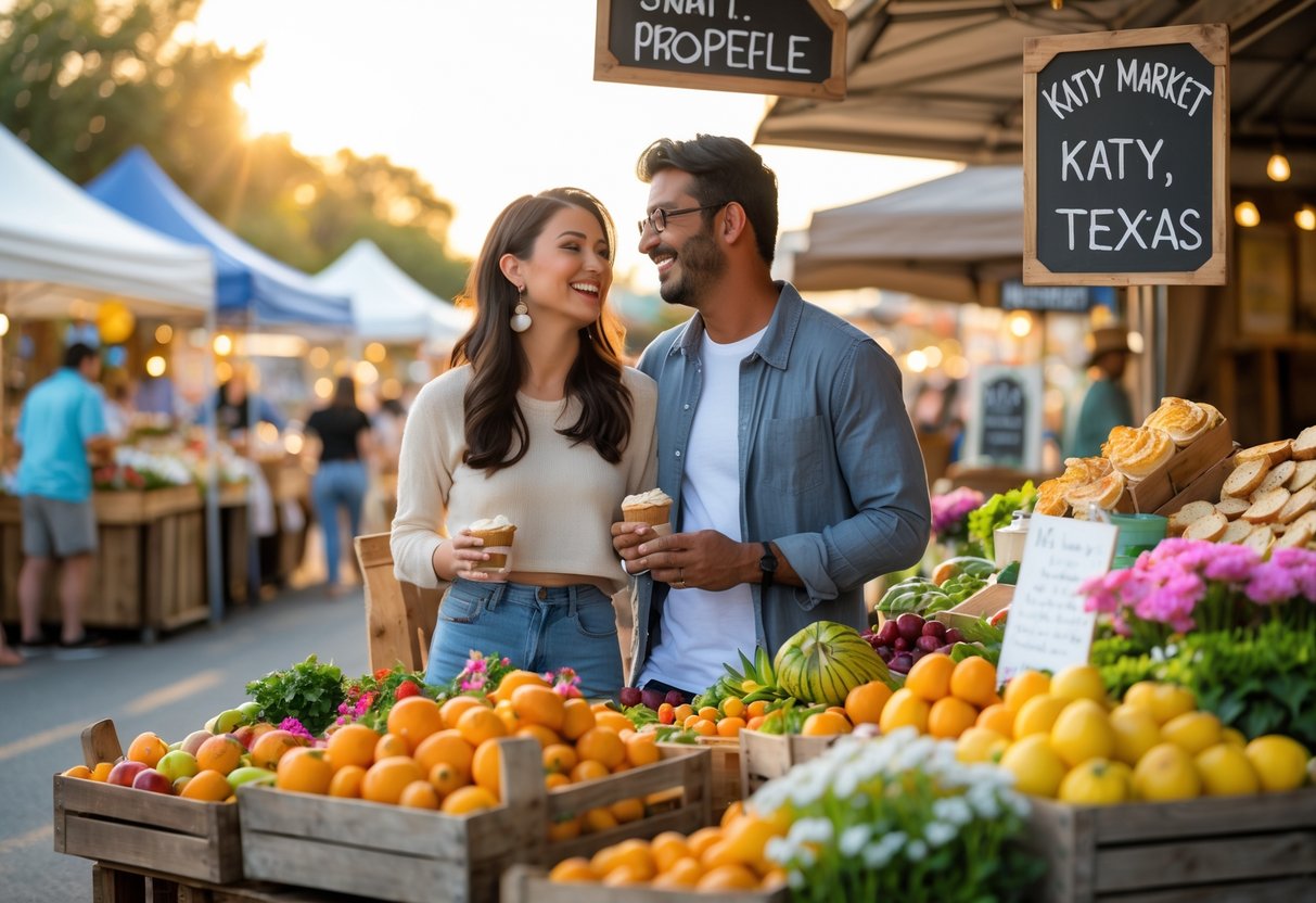 A couple enjoying a sunny day browsing fresh produce and local treats at an outdoor market with vendors and colorful stalls.
