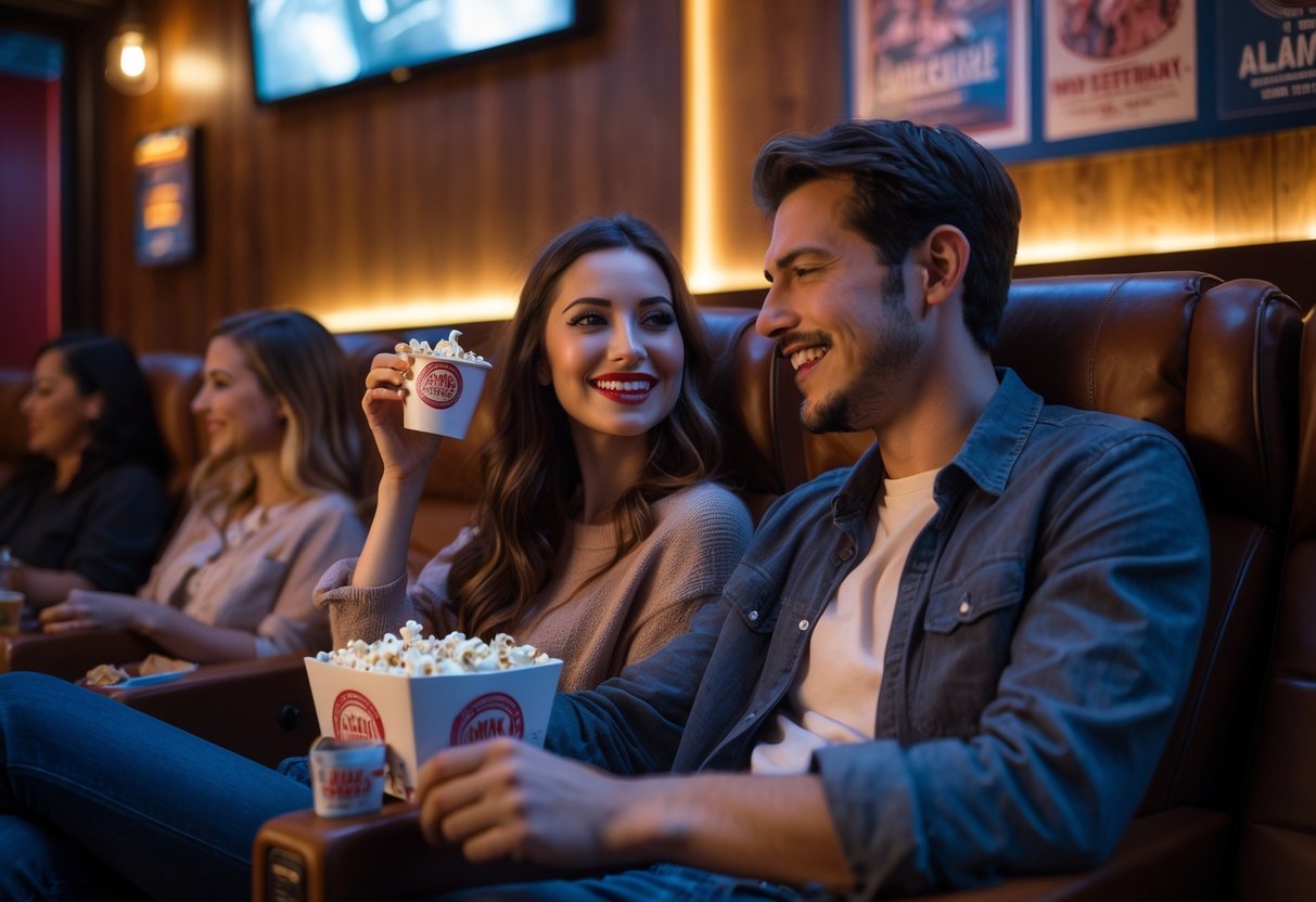 A young couple enjoying a movie night together in a cozy theater with plush seats and warm lighting.