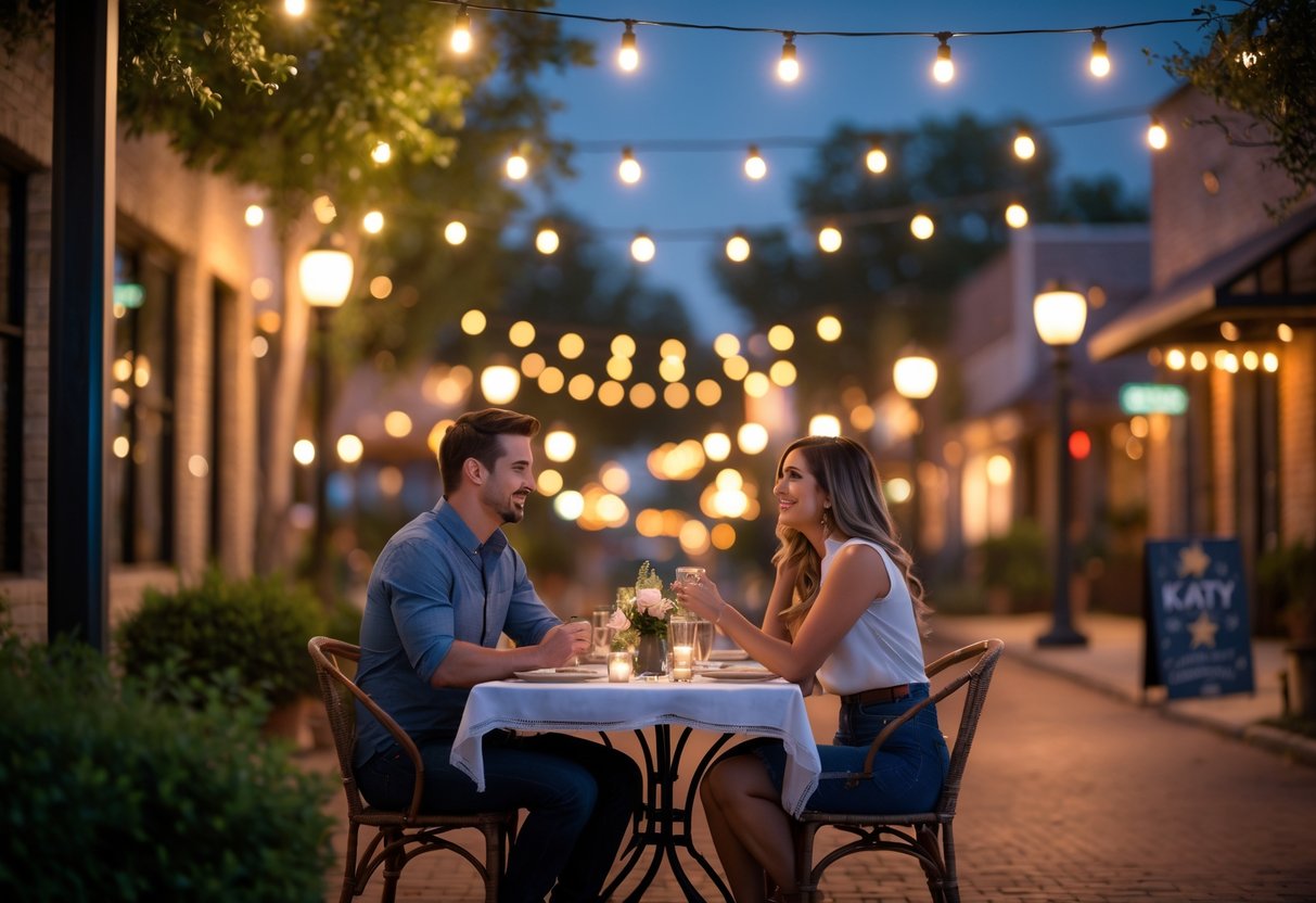A young couple enjoying a romantic outdoor dinner at night with string lights and greenery around them.