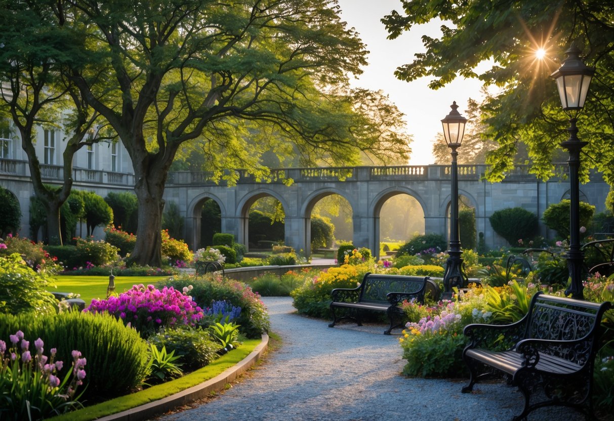 A peaceful Victorian garden with flowers, trees, benches, and stone arches at University College Cork.
