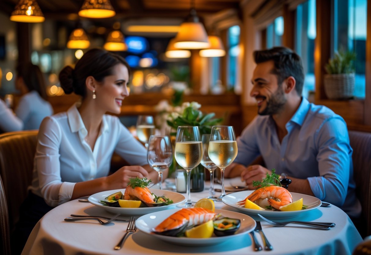 A couple enjoying a seafood dinner together at a cozy restaurant table with plates of fresh seafood and warm lighting.