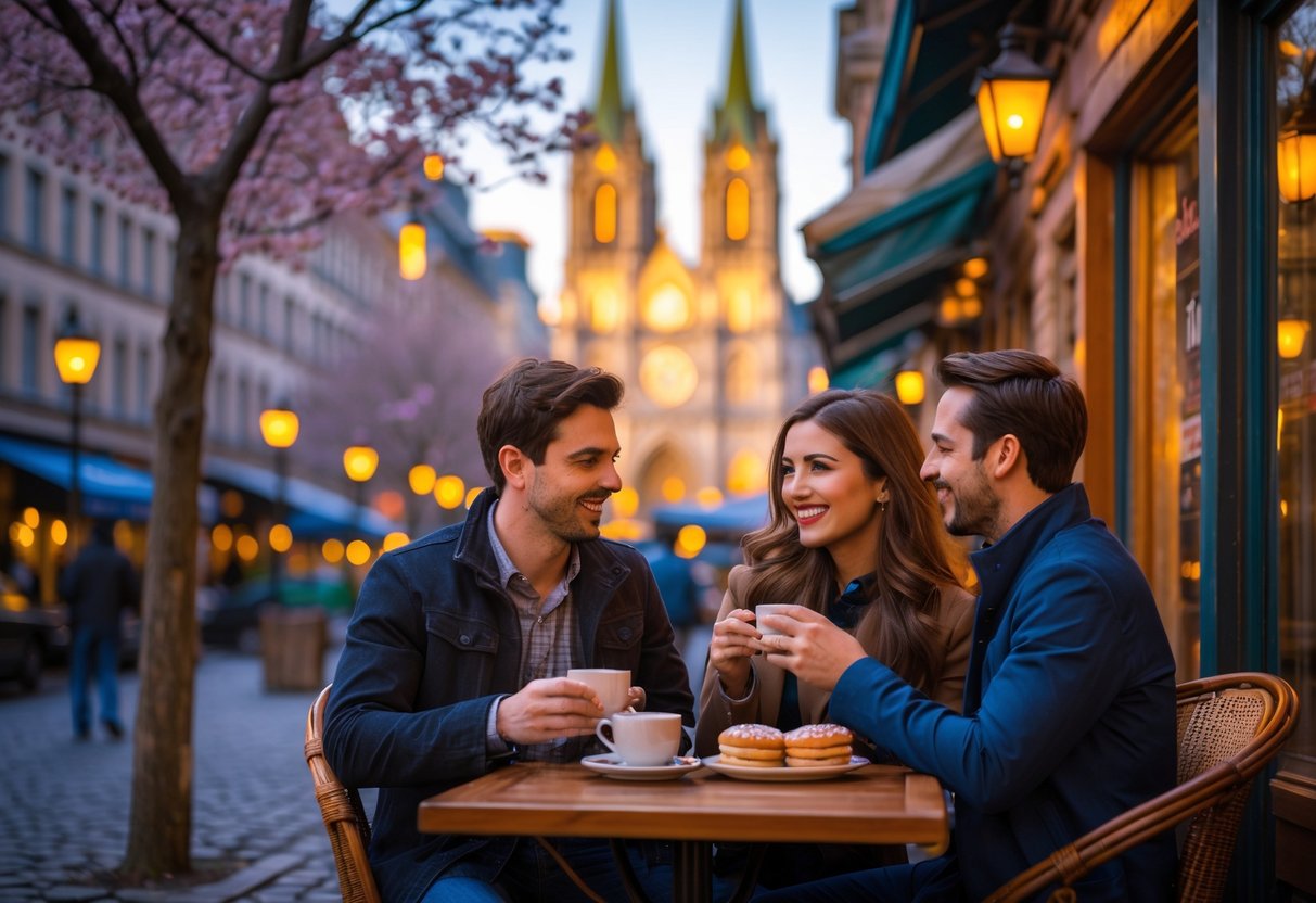 A young couple enjoying coffee together at an outdoor café in a historic street of Montreal with the Notre-Dame Basilica in the background.