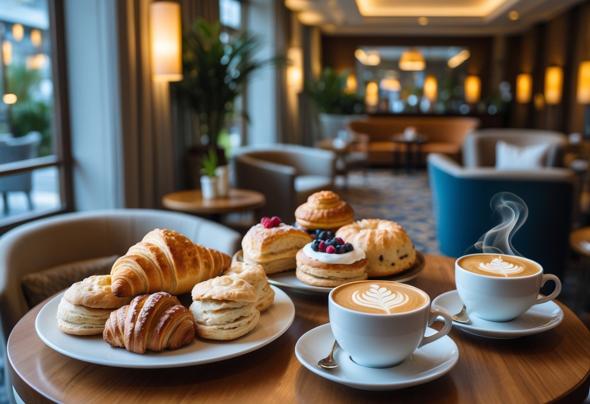 A table with coffee cups and an assortment of pastries inside a hotel lounge with comfortable seating.