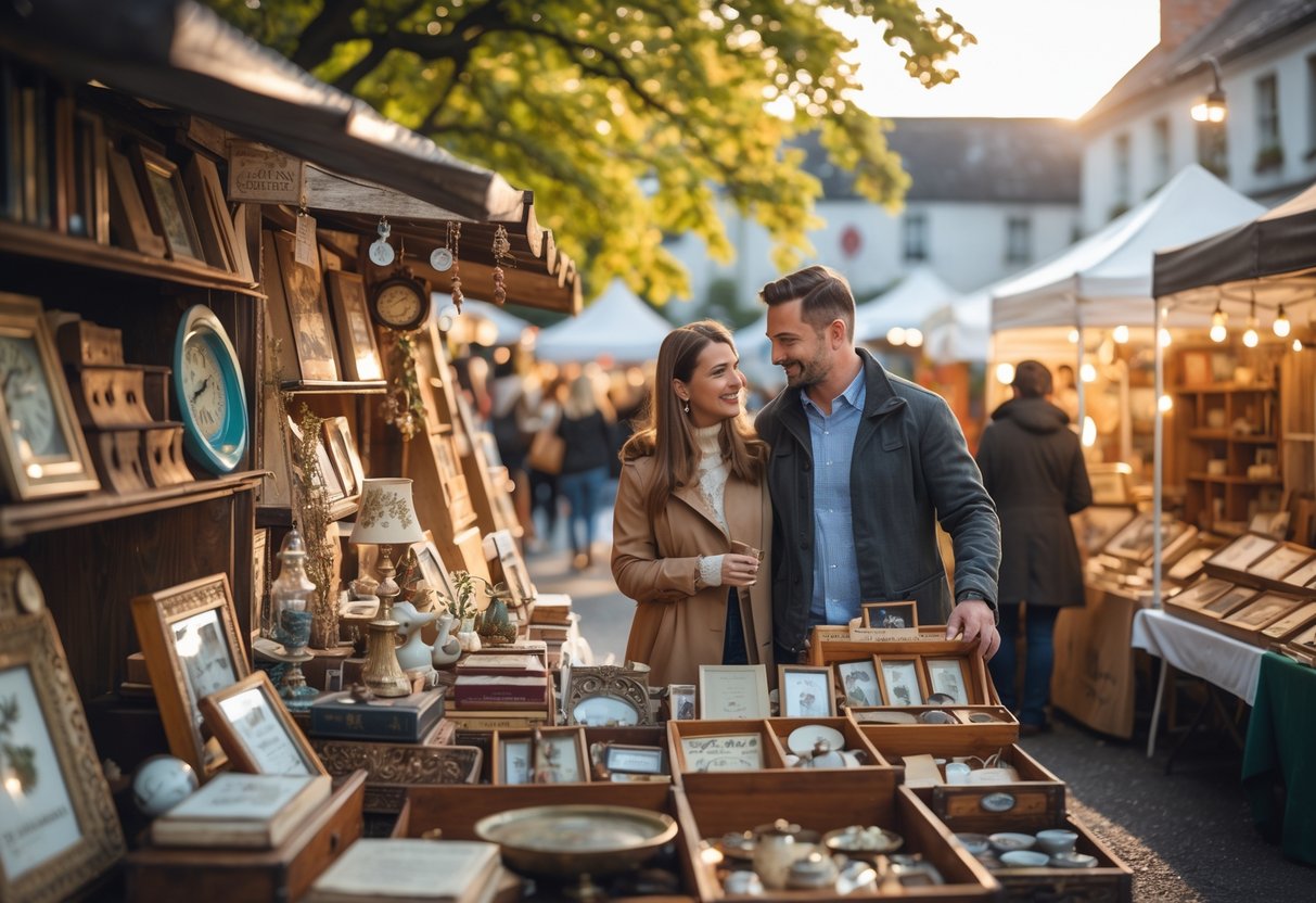 A couple browsing antiques at an outdoor flea market with rustic stalls and other shoppers in the background.