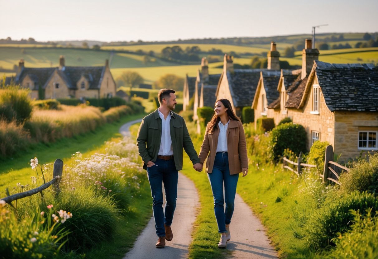 A couple walking hand in hand along a country lane with stone cottages and rolling hills in the background.