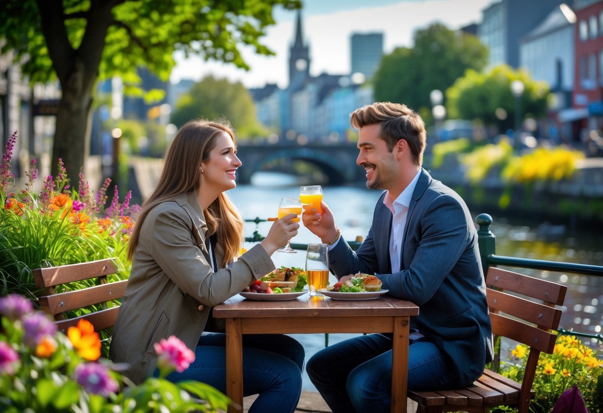 A young couple enjoying a romantic meal together at a riverside café in Cork with the city skyline in the background.