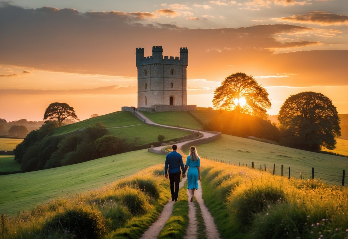 A stone tower on a hill at sunset with a couple walking along a path surrounded by green fields and trees.