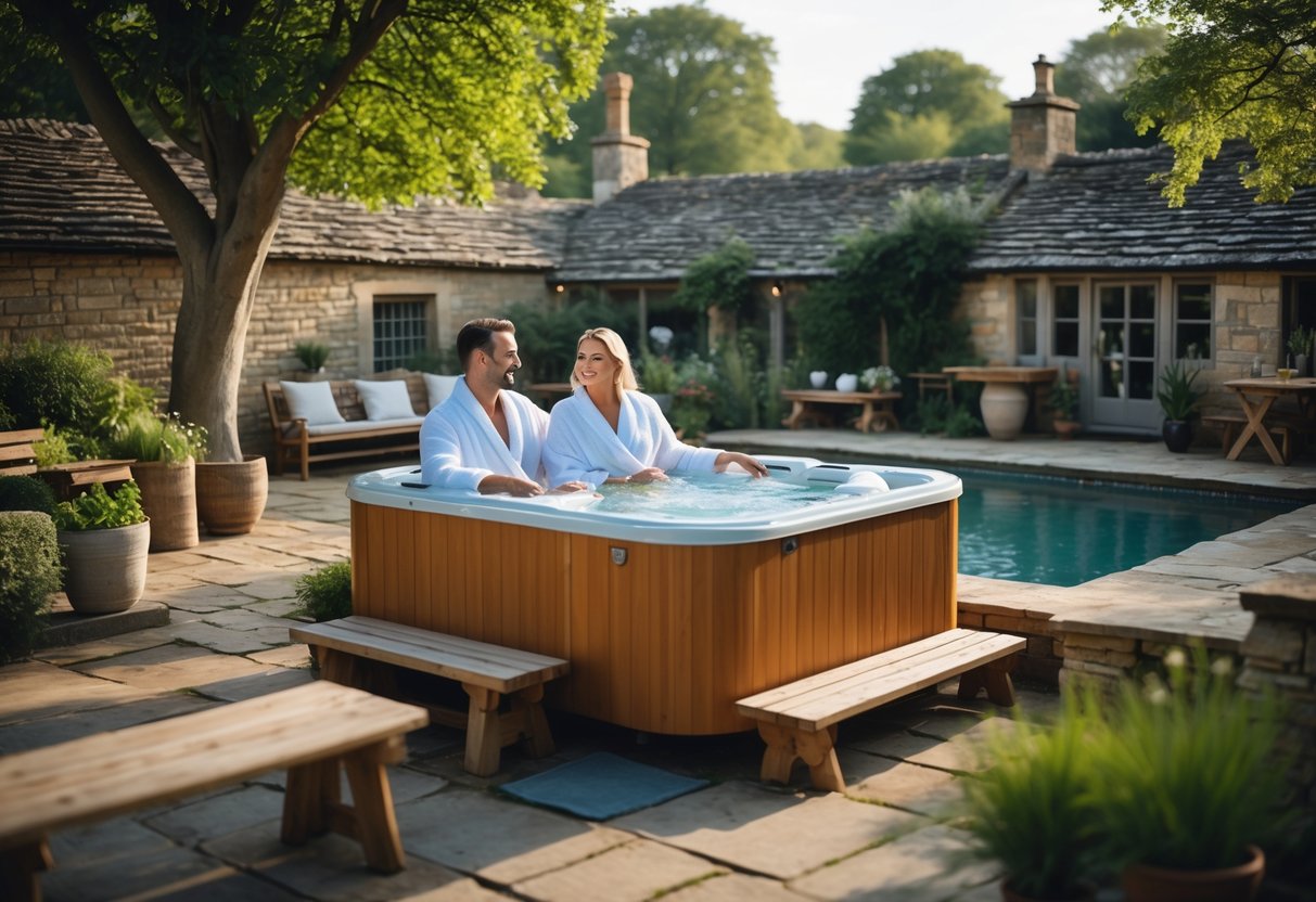A couple relaxing together in a wooden hot tub outdoors at a countryside estate surrounded by greenery and stone buildings.