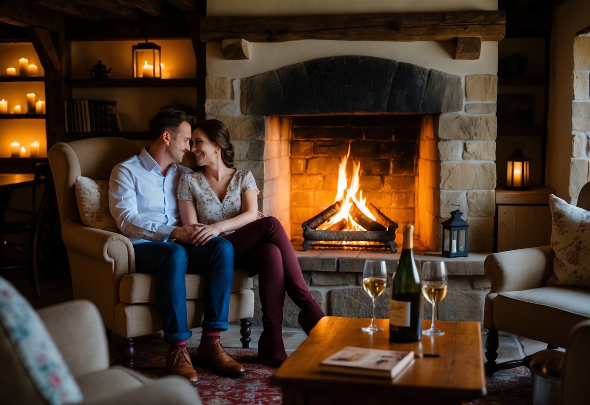 A couple sitting together by a lit fireplace inside a cosy inn with wooden beams and warm lighting.