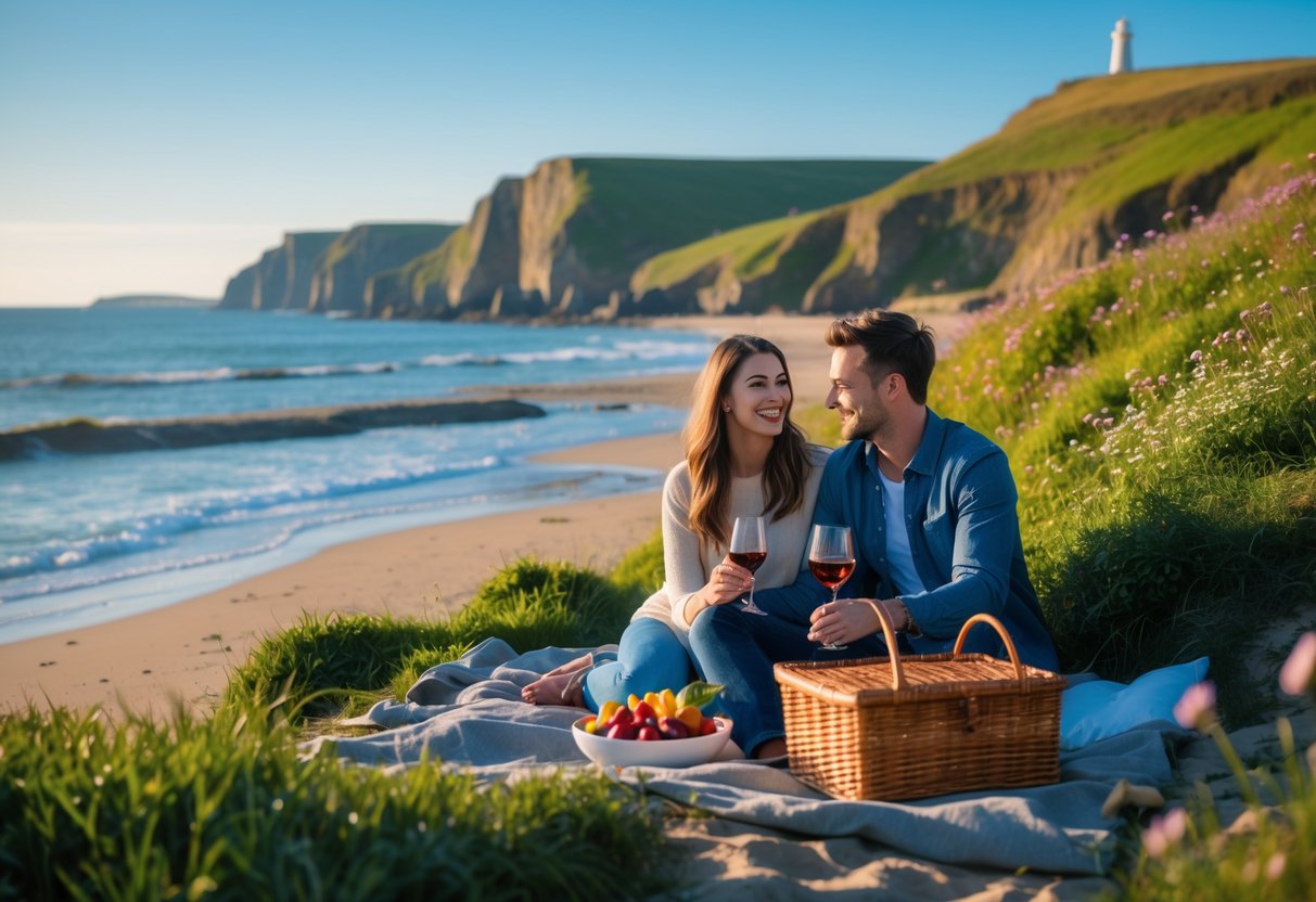 A couple enjoying a picnic on a sandy beach with cliffs and a lighthouse in the background.