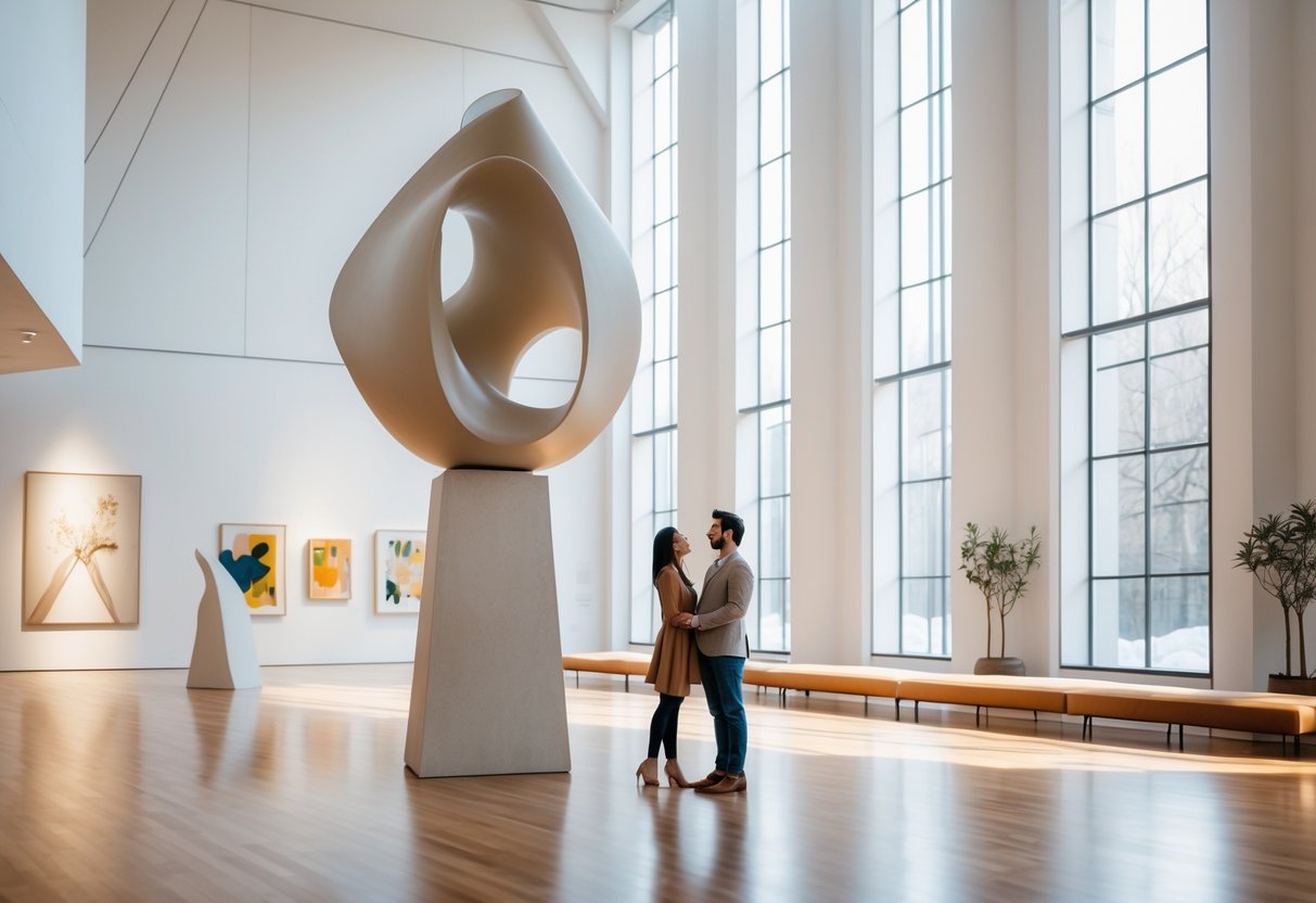 A couple admiring a sculpture inside an art museum with natural light and artworks on the walls.