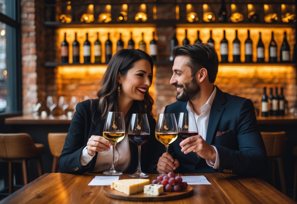 A couple enjoying wine tasting together at a cozy wine bar with wine glasses and a cheese platter on the table.