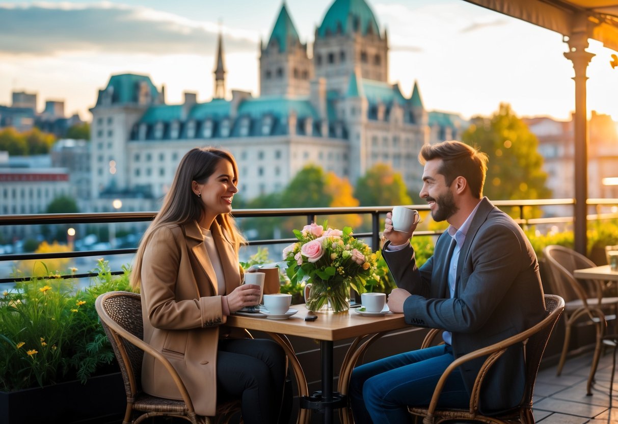 A young couple enjoying a coffee date outdoors with Montreal city buildings and trees in the background.