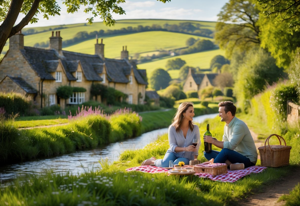 A couple enjoying a picnic by a stream in the green countryside with stone cottages and rolling hills in the background.