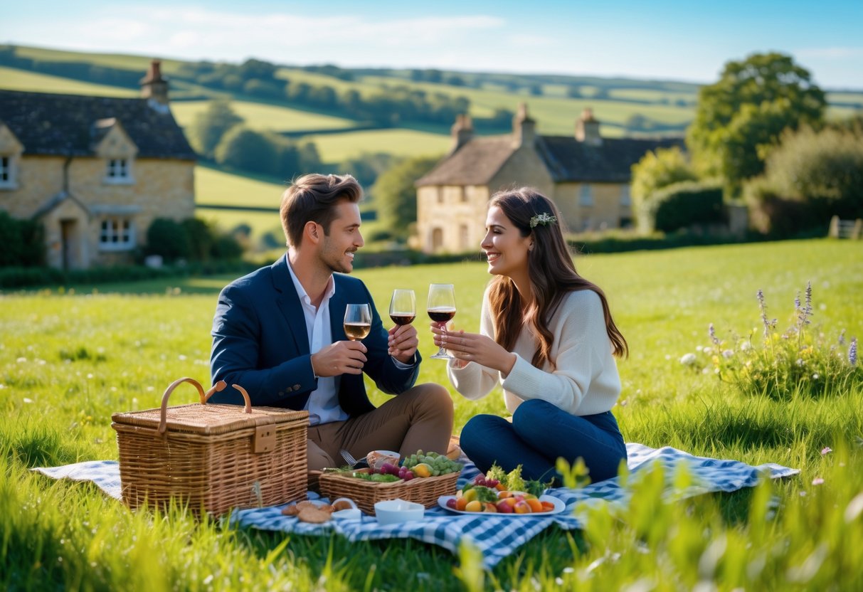 A young couple enjoying a picnic on a grassy meadow with rolling hills and stone cottages in the background.