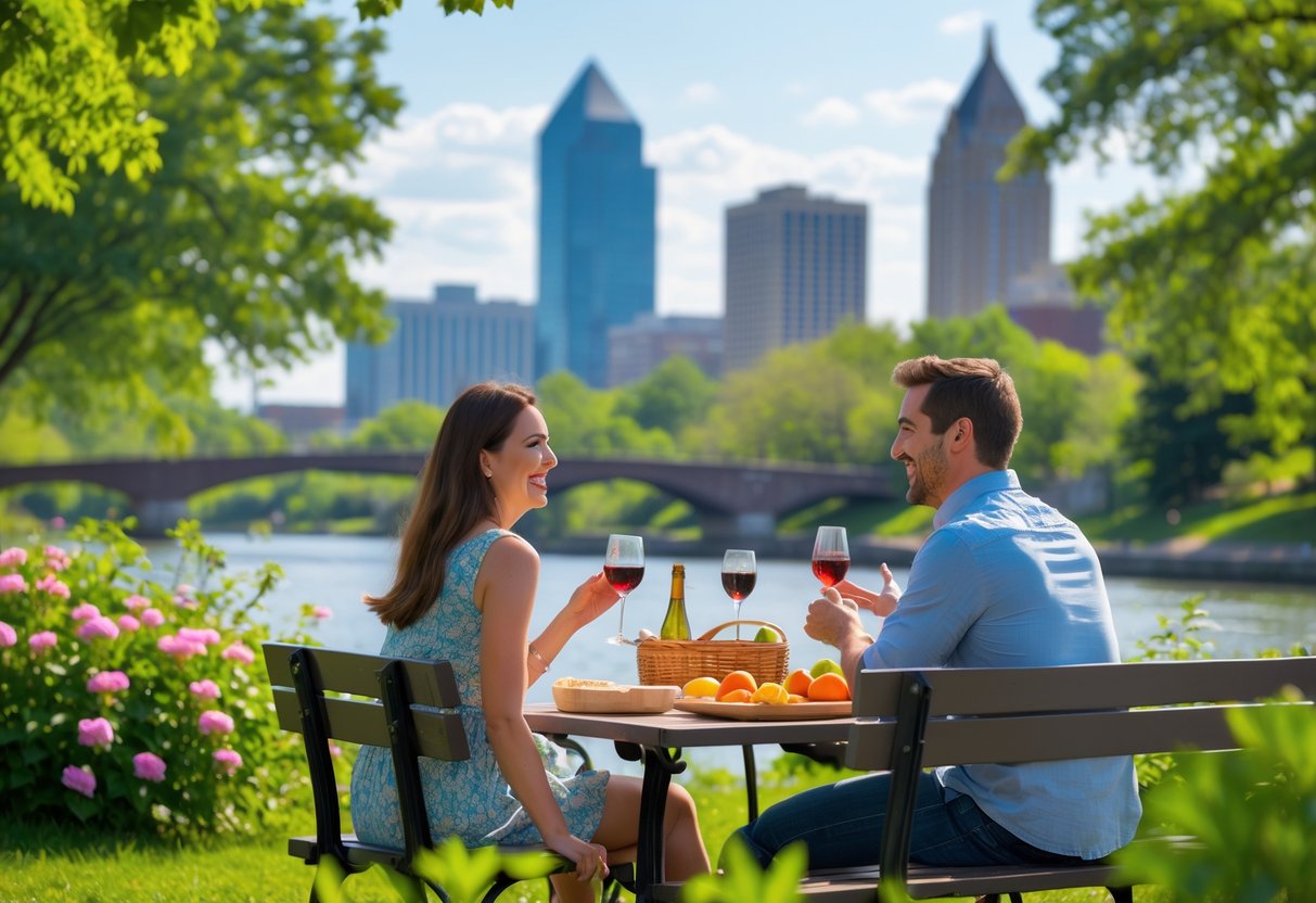 A couple enjoying a picnic together by the river with the Columbus skyline in the background.