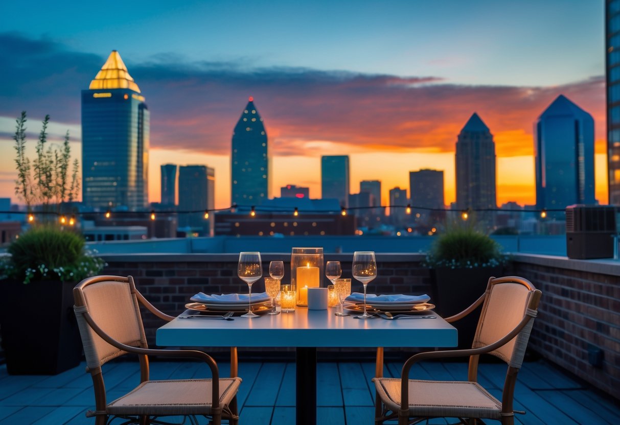 A rooftop dinner table set for two overlooking the Columbus city skyline at sunset.