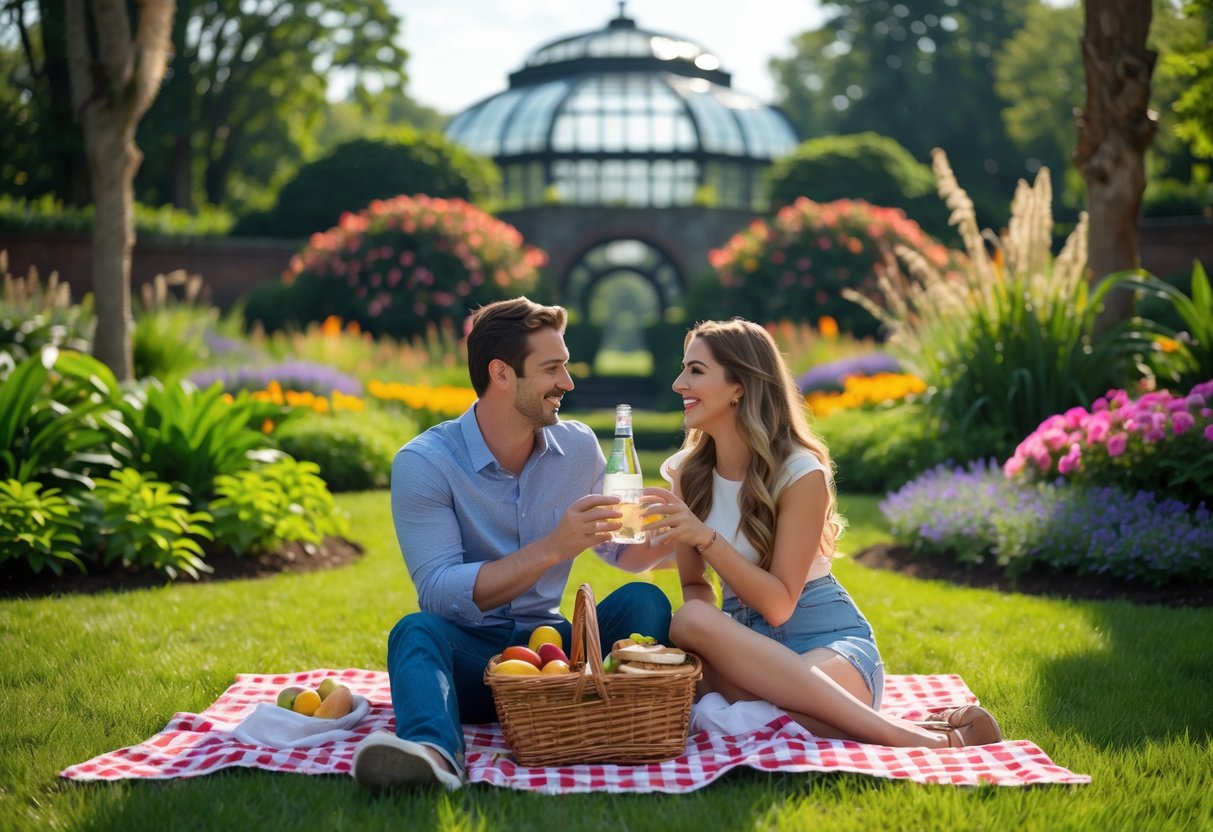 A young couple enjoying a picnic on a blanket surrounded by colorful flowers and greenery at a botanical garden.