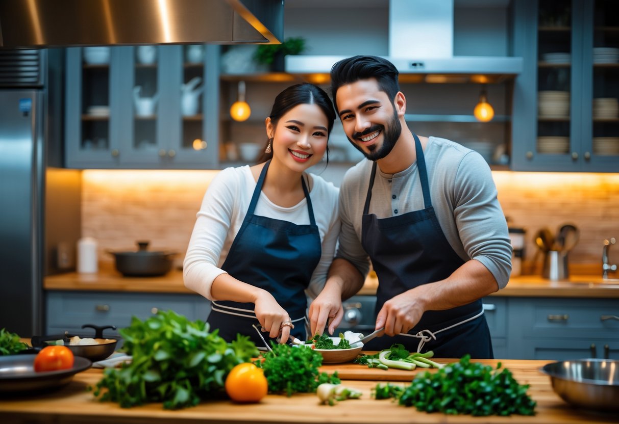 A couple cooking together in a kitchen, smiling and preparing food.