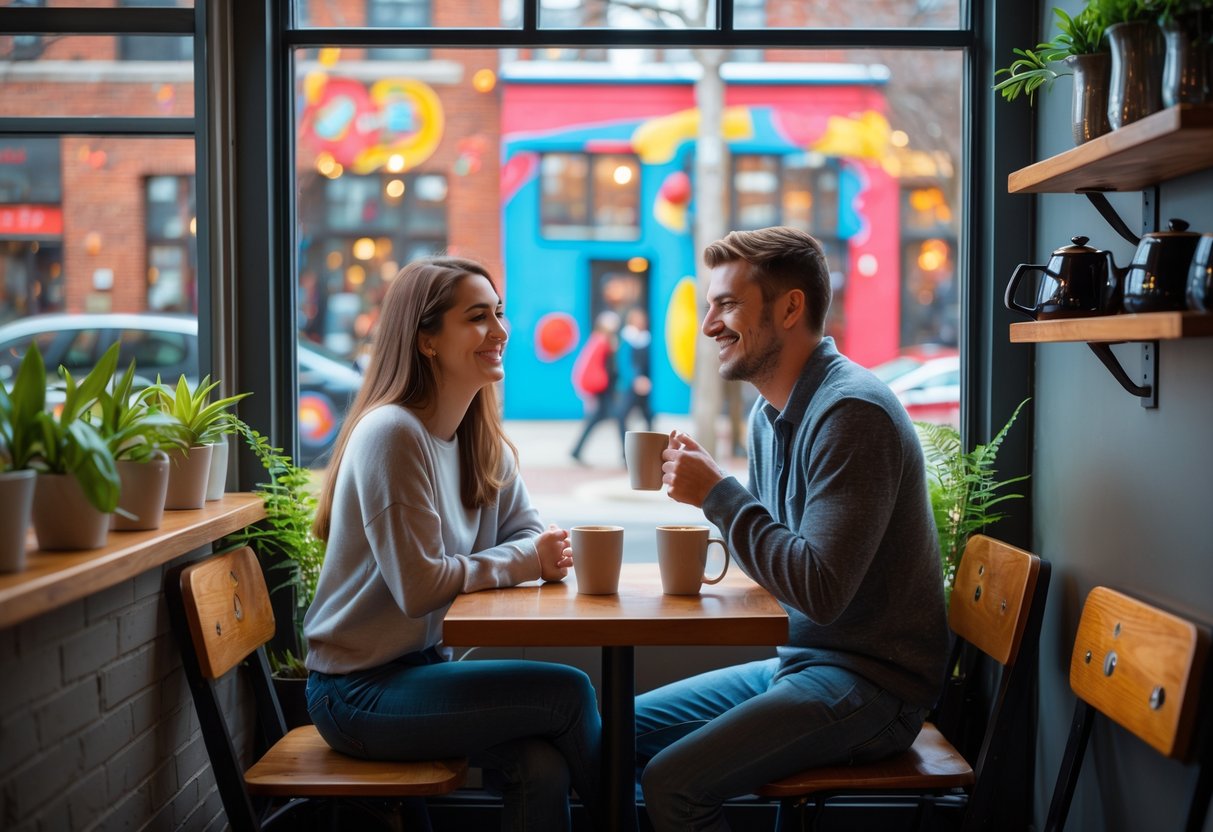 A young couple enjoying coffee together at a café table by a window in a lively neighborhood.