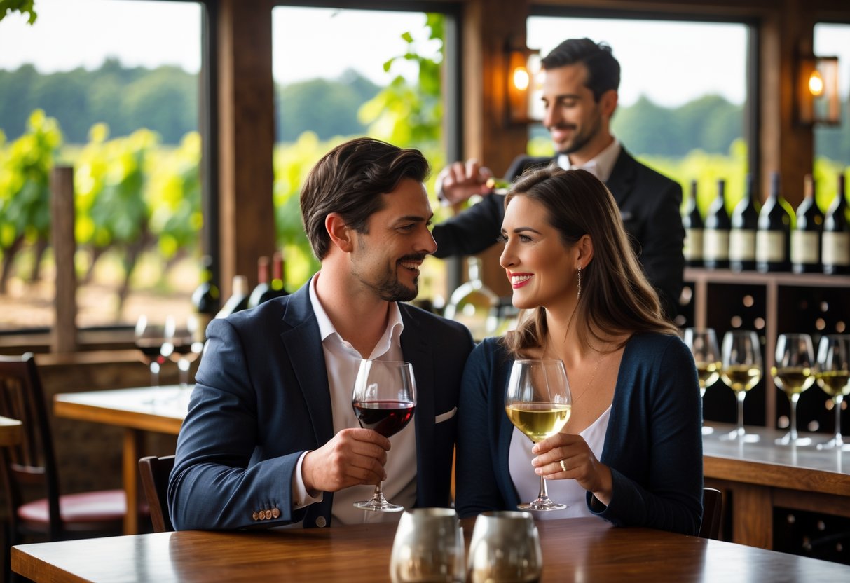 A couple tasting wine together at a vineyard or bar, smiling and holding wine glasses.
