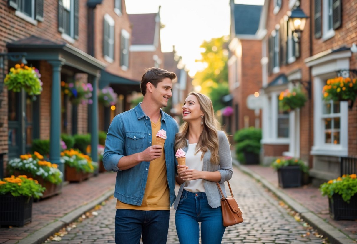 A young couple walking on a cobblestone street in a historic neighborhood, holding ice cream cones and smiling.