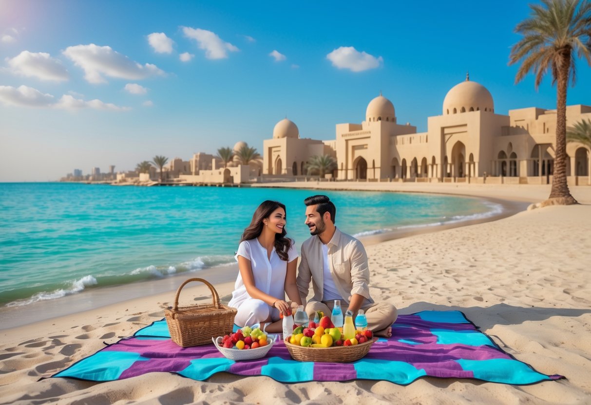 A couple enjoying a picnic on the sandy beach at Katara Cultural Village with traditional Qatari buildings and calm sea in the background.