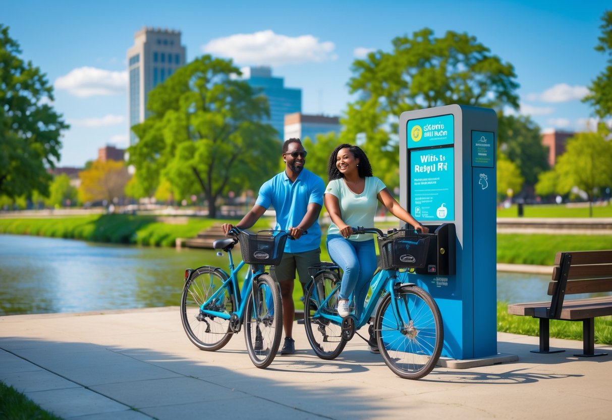 A couple renting bikes at a bike rental station in a green park by a river on a sunny day.