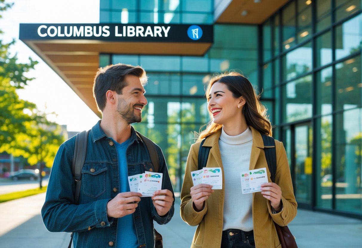 A young couple smiling and holding tickets outside the Columbus Library on a sunny day.