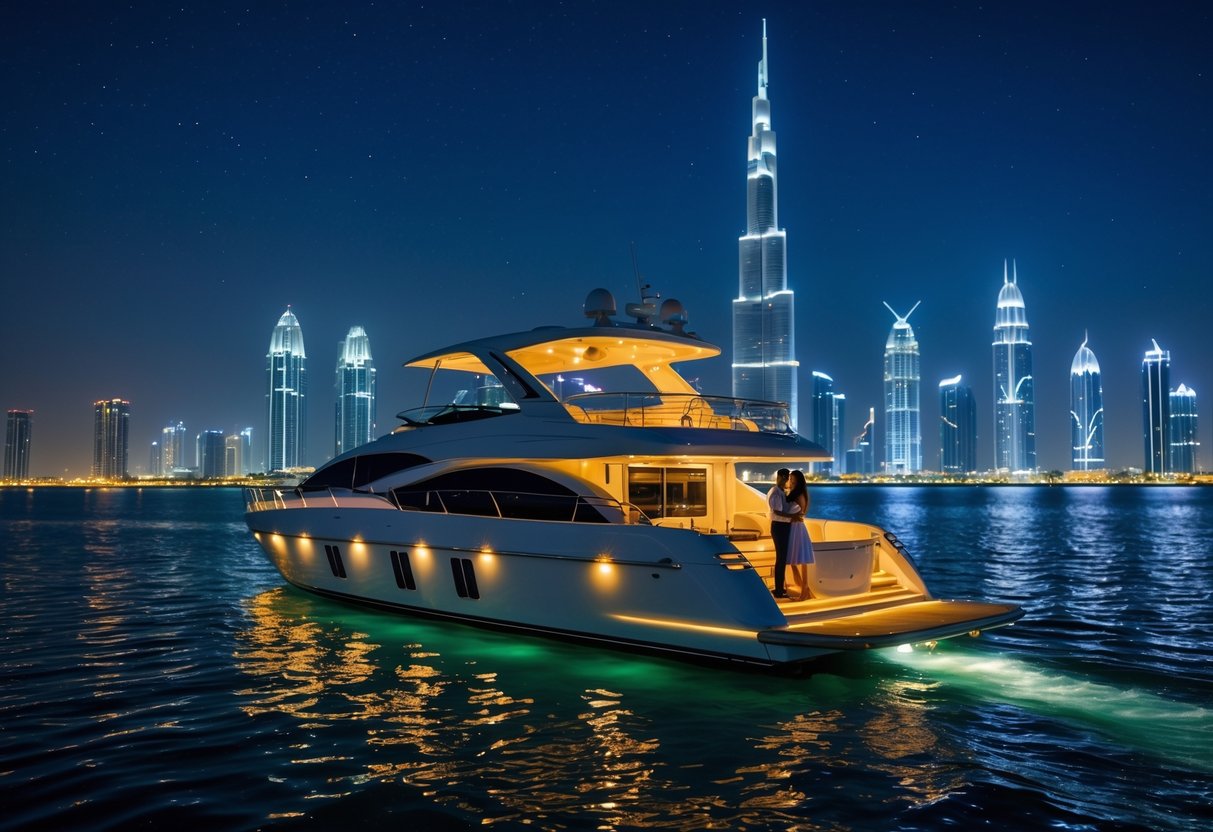 A couple enjoying a moonlight cruise on a yacht with the illuminated Doha skyline in the background.