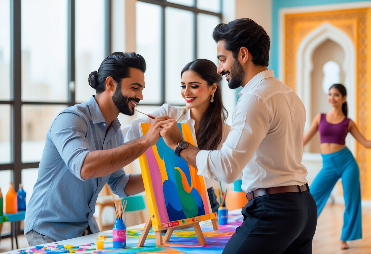 A couple painting together and another couple dancing in a bright studio during an art and dance workshop.