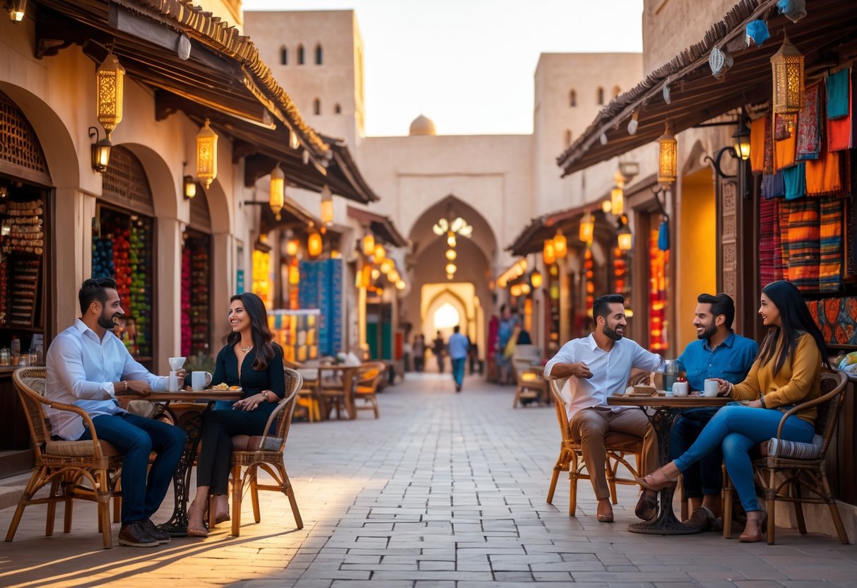 People enjoying coffee and shopping at outdoor cafes and market stalls in Souq Waqif, Qatar, during late afternoon.