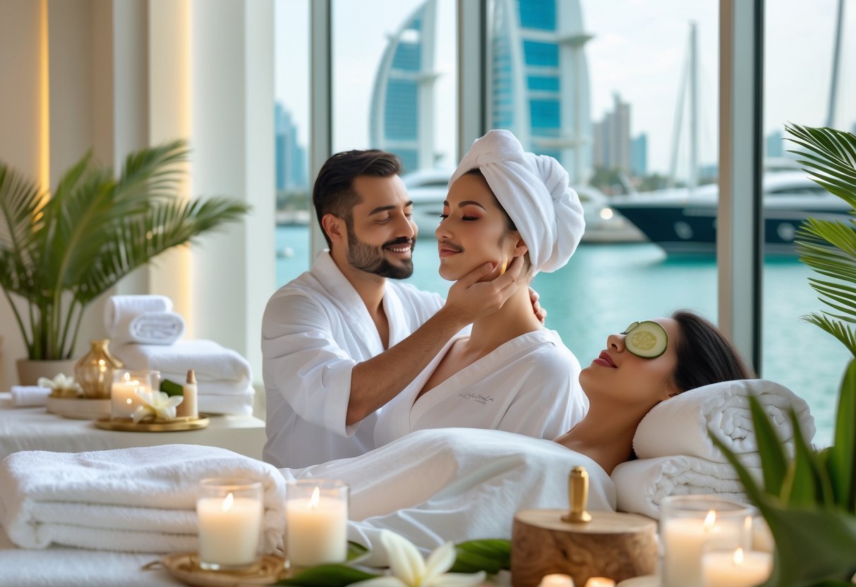A couple enjoying a relaxing spa day together in a bright, modern spa with waterfront views.