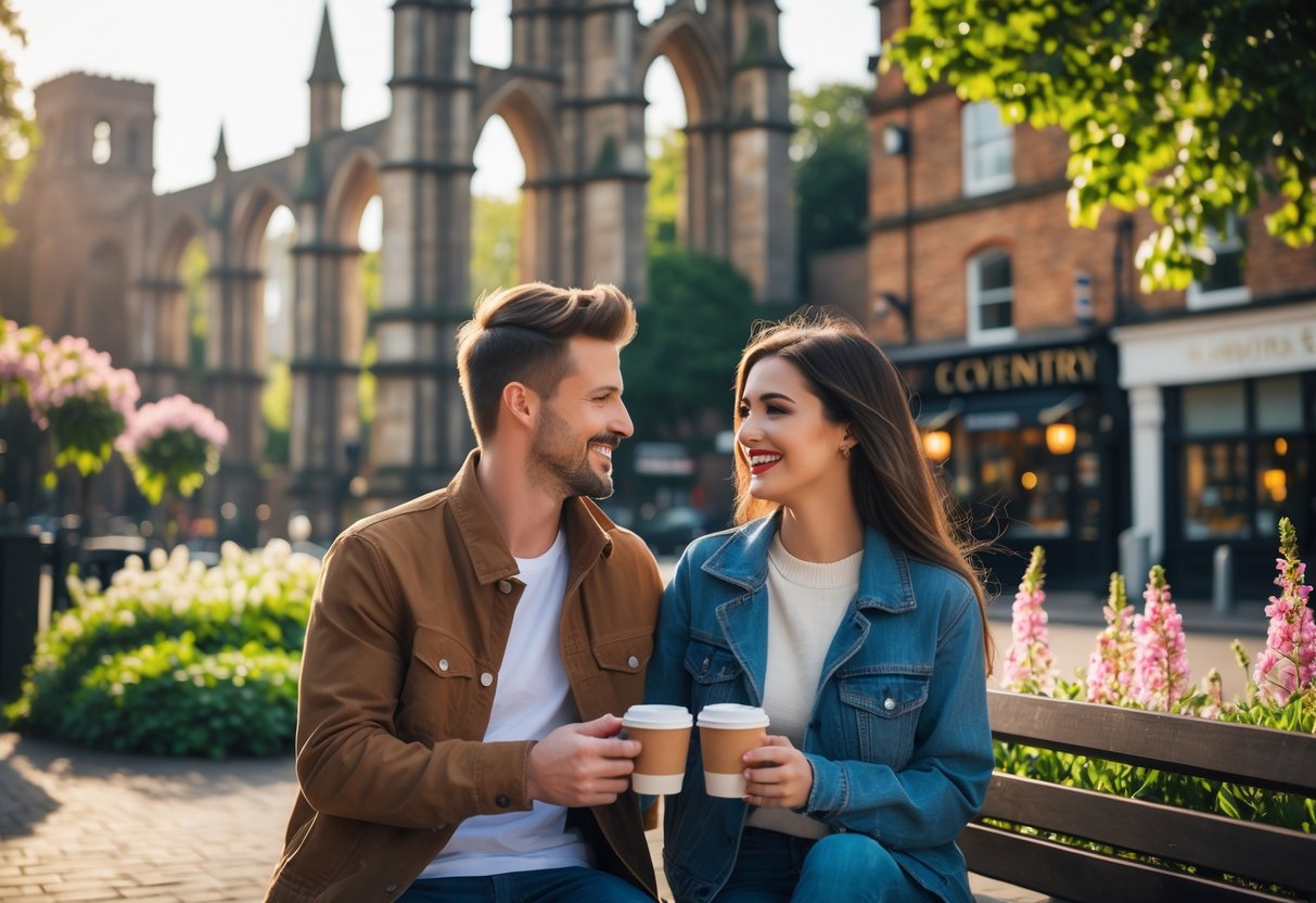 A young couple sitting on a bench near Coventry Cathedral ruins, enjoying coffee together on a sunny day surrounded by greenery and historic buildings.