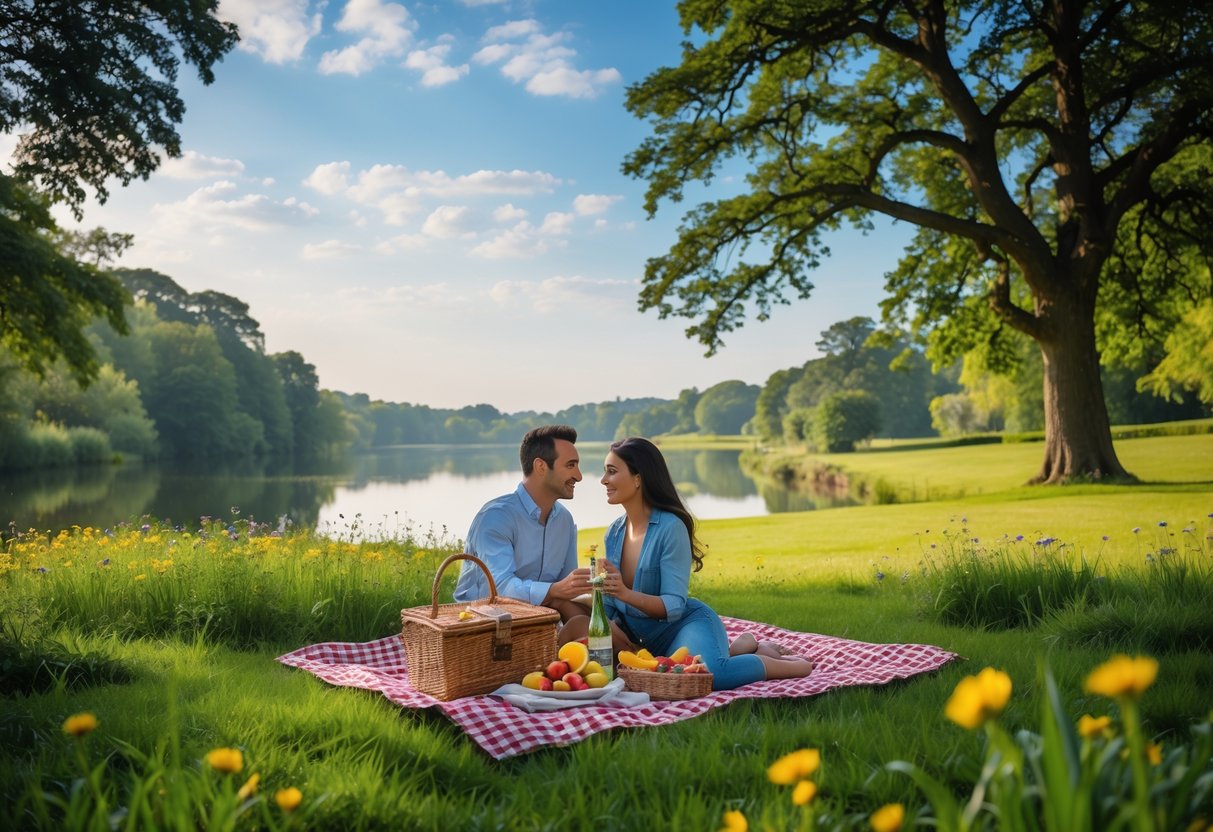 A couple having a picnic on a blanket in a green park with trees, flowers, hills, and a lake in the background.