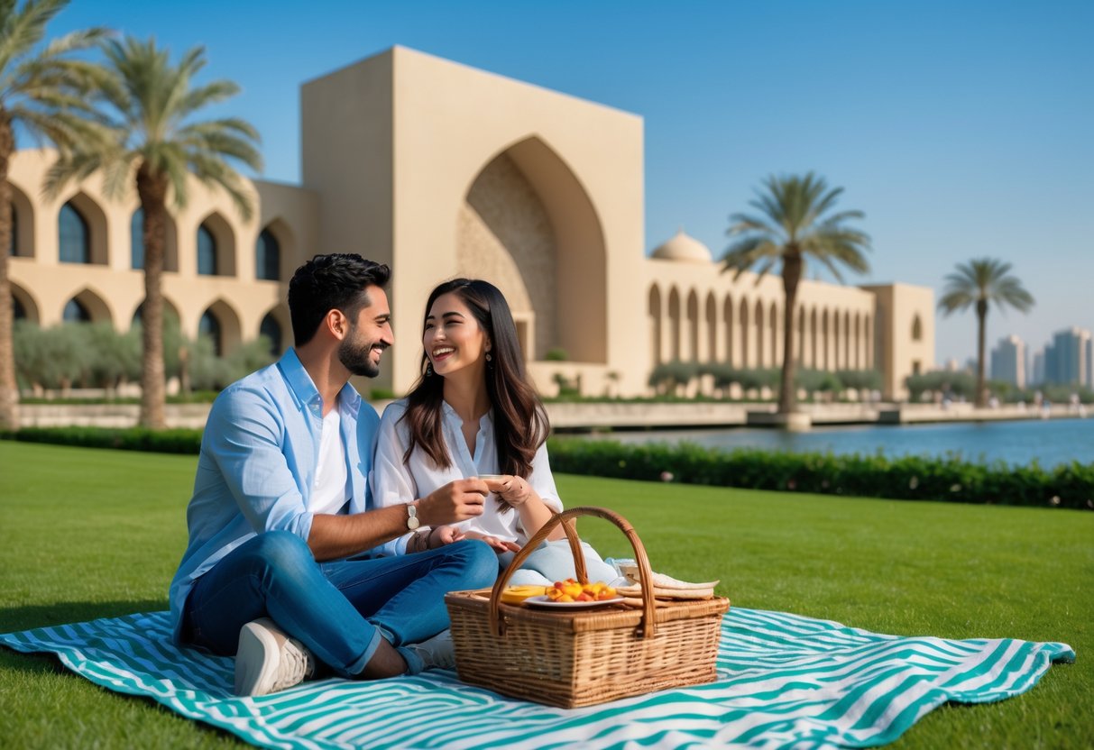 A couple having a picnic on the lawn outside the Museum of Islamic Art in Qatar.