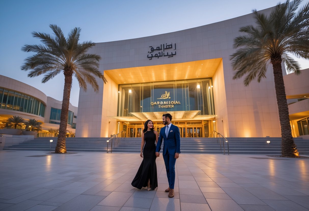 A couple dressed elegantly standing near the entrance of Qatar National Theater in the evening.